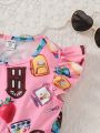 SHEIN Kids QTFun Toddler Girls' Casual Cute Cartoon Pattern Round Neck Short Sleeve A-Line Dress With Elastic Waist For Summer