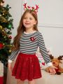 SHEIN Kids CHARMNG Young Girl Striped & Heart Print Tee & Sequin Skirt for Christmas