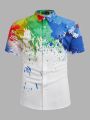 SHEIN Teenage Boys' Casual Loose Fit Ink Splatter Colorful Pattern Short Sleeve Shirt