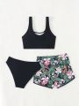 Teenage Girls' Tropical Print Bikini Swimsuit Set With Beach Shorts