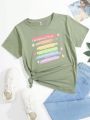 SHEIN Girls' Printed Short Sleeve T-shirt With Slogan