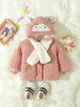 Baby Girl Cartoon Embroidery 3D Ears Design Hooded Teddy Coat With Scarf