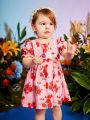 Summer Baby Girls' Rose & Lace Patchwork Printed Dress With Lace Hem, Suitable For Parties And Daily Wear