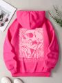 Women's Skull Head & Letter Printed Drawstring Hoodie With Fleece Lining