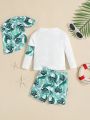 SHEIN Baby Boy Plant Patterned Raglan Sleeves Round Neck Top, Shorts, Hat & Swimming Suit 4pcs/Set