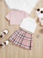 SHEIN Baby Girls' Casual Pink Short Sleeve T-shirt, Tank Top, Plaid Ruffle Skirt 3pcs Outfits