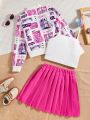 SHEIN Kids Nujoom Tween Girls' Cartoon Character Print Jacket, Camisole Top And Pleated Skirt 3pcs Set