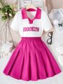 SHEIN Kids HYPEME Tween Girls' Fashionable Comfortable Letter Printed Short Sleeve Shirt And Comfortable Pleated Skirt 2pcs Outfit