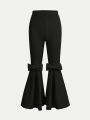 SHEIN Kids FANZEY Tween Girls' Solid Color Skinny Bell-Bottom Pants With Bow Detail