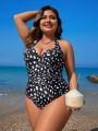 SHEIN Swim Chicsea Plus Size Full Print Open Back Halter One-Piece Swimsuit