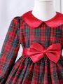 Young Girl Tartan Print Peter Pan Collar Bow Front Dress