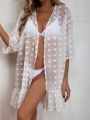 SHEIN Swim Vcay Swiss Dot Ruffle Hem Sheer Mesh Kimono