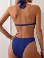 SHEIN Swim Basics Women's Solid Color Ribbed Knit Swimsuit Set