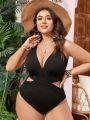 SHEIN Swim Classy Plus Size Women'S Cross Design Wide Strap One-Piece Swimsuit