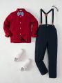 SHEIN Tween Boys' Monochrome Shirt And Overalls Set