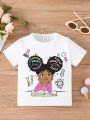 Baby Girl Round Neck Cartoon Portrait Printed Top For Spring/Summer