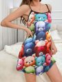 Women'S Cartoon Bear Printed Spaghetti Strap Sleep Dress