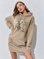 Floral & Slogan Graphic Kangaroo Pocket Drop Shoulder Drawstring Thermal Hoodie Dress