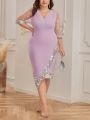 SHEIN Clasi Women's Plus Size Sheer Mesh Sleeve Sequin Patchwork Dress