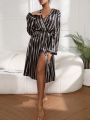 Striped Belted Satin Robe