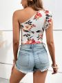 SHEIN VCAY Women's Vacation Style Floral Print One-shoulder Ruffle Trim Top With Decorative Edge