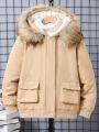 SHEIN Kids SPRTY Boys' (big) Teddy Fleece Lining Fur Collar Patchwork Hooded Jacket