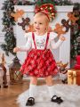 SHEIN Baby Girl Christmas Print Ruffle Trim 2 In 1 Dress