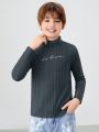 SHEIN Kids EVRYDAY Boys' High Neck Comfortable Long Sleeve T-shirt With Letter Print