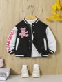 SHEIN Baby Girl Letter & Bear Print Striped Trim Varsity Jacket Without Tee