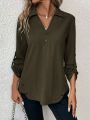 Roll Tab Sleeve Half Button Blouse