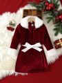 SHEIN Kids EVRYDAY Young Girl Contrast Fuzzy Collar and Cuff Velvet Jacket & Skirt
