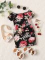 SHEIN Baby Floral Print Off Shoulder Raglan Sleeve Dress