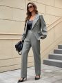 SHEIN Privé Women's Solid Color Collarless Blazer With Waist Belt & Straight Pants Suit Set