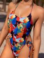 SHEIN Swim SXY Women'S Full Print Halter Neck One-Piece Swimsuit