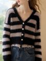 Striped Pattern Drop Shoulder Crop Fuzzy Cardigan