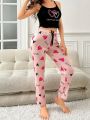 Women's Black Printed Long Pants Jumpsuit With Spaghetti Straps For Home Wear