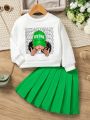 SHEIN Kids FANZEY Little Girls' Character Printed Round Neck Sweatshirt And Pleated Skirt Two-Piece Set