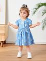 SHEIN Baby Girls' Casual Denim-like Short-sleeved Dress With Floral Print