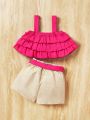 SHEIN Elegant & Fashionable Baby Girl Spaghetti Strap Tank Top And Shorts Set