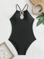 SHEIN Swim Chicsea One Piece Swimsuit With Rhinestone Chain Decoration, Hollow Out Design