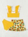 Little Girl'S Ear-Trimmed Sunflower Print Swimsuit Set