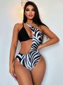 SHEIN Swim SXY Summer Beach Women's Single-Shoulder Hollow-Out One-Piece Dress With Zebra Print