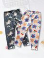 2pcs/Set Little Girls' Fleece Lined Leggings With Scalloped Edge