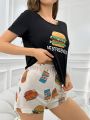 Women's Cute Cartoon Hamburger Print Pajama Set