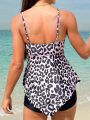 SHEIN Swim Classy Women's Leopard Print Pleated Tankini Top