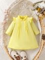 SHEIN Baby Girls' Casual And Elegant Stand Collar Ruffle Trim Dress