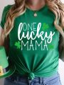 1pc Ladies' Clover & Letter Printed Short Sleeve T-Shirt