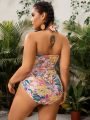 SHEIN Swim Vcay Plus Size Women'S Tropical Plant Printed Halter One-Piece Swimsuit