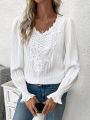 SHEIN Frenchy Solid Color Lace Patchwork Ruffle Sleeve Blouse