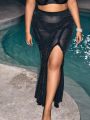 SHEIN Leisure Plus Size 1pc High Slit Glitter Mesh Cover Up Skirt